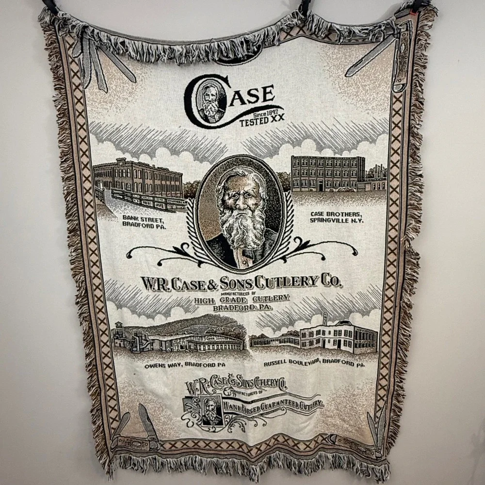 Vintage W.R. Case & Sons Cutlery Co. Woven Tapestry Throw Blanket Souvenir 48x60
